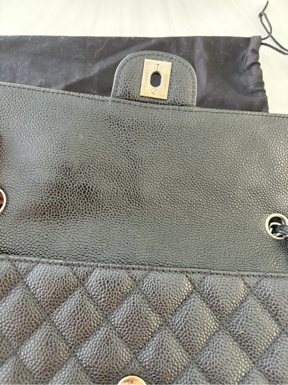CHANEL Black Quilted Caviar Leather Shoulder Bag with Silver Hardware